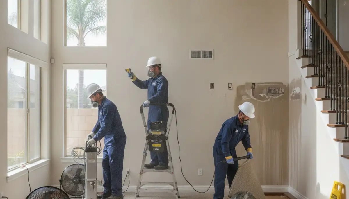 Water damage restoration team in Fair Oaks, CA inspecting and drying a damaged property